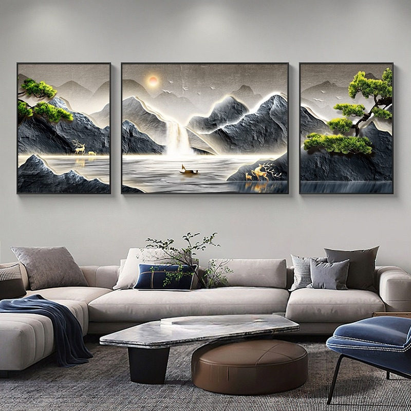 流水生财山水靠山装饰画客厅沙发背景墙挂画高档大气2023新款壁画,家居饰品,现代装饰画,淘宝优惠券,粉丝福利购,淘宝优惠卷