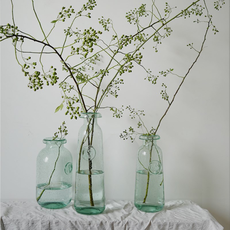 OOOOH复古绿细口小肚瓶马醉木吊钟花瓶插枝水培手工玻璃花瓶