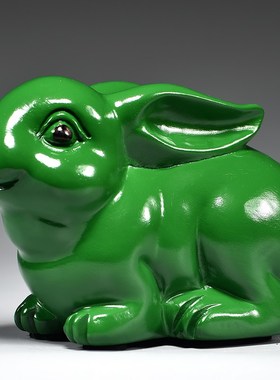 绿色兔子摆件实木雕刻十二生肖木质绿兔新居客厅电视柜补角装饰品