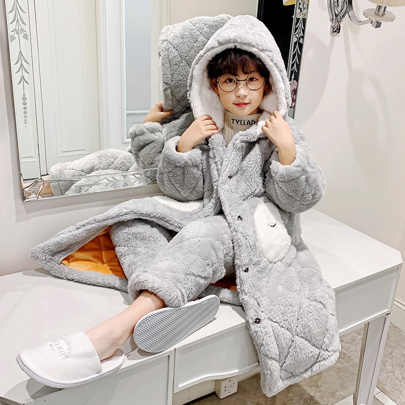 儿童睡衣秋冬季加厚款三层夹棉男童孩珊瑚绒法兰绒睡袍保暖家居服