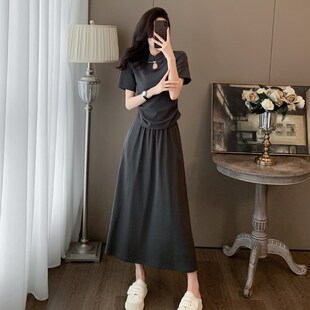 新中式旗袍领修身短款T恤上衣洋气高腰大裙摆中长款两件休闲套装