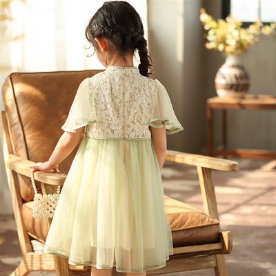 女童中国风连衣裙短袖裙2023夏季中大童复古风裙儿童网纱蕾丝裙子
