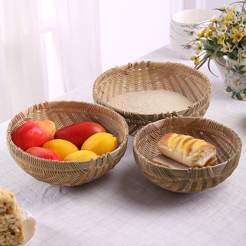 竹编簸箕圆形筲箕淘米篮沥水筐收纳竹筐洗菜筐馒头筐家用水果篮