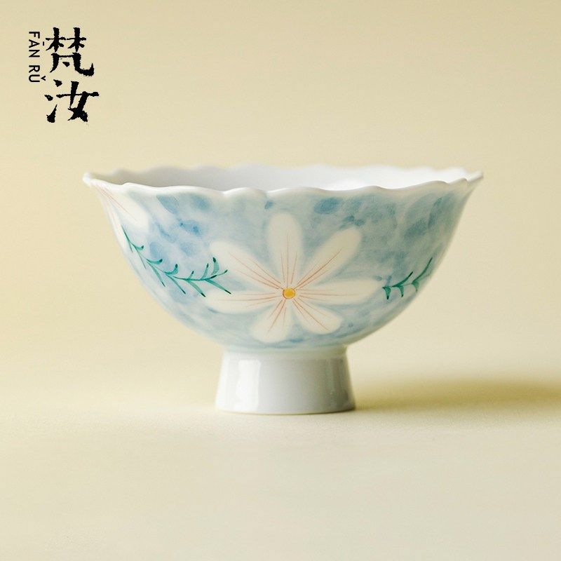 梵汝青花手绘高足花口功夫茶具国潮风陶瓷品茗杯小清新单杯,餐饮具,茶杯,淘宝优惠券,粉丝福利购,淘宝优惠卷