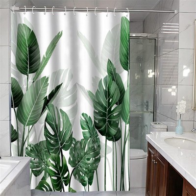 跨境绿色龟背叶棕榈叶浴帘家居卫生间干湿分离隔断浴帘防水浴帘