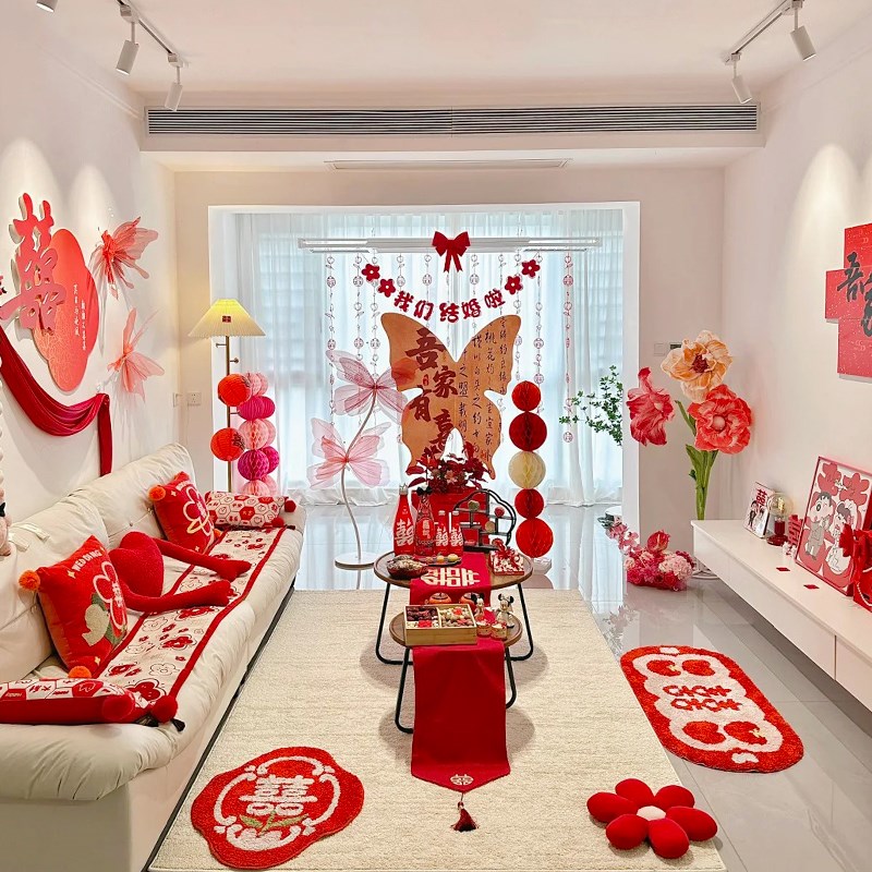 结婚装饰超大书法蝴蝶kt板婚房布置套装客厅订婚装扮婚礼晨袍背景