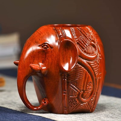 花梨木大象摆件笔筒红木学生办公桌收纳实木制笔筒木雕刻送礼盒装