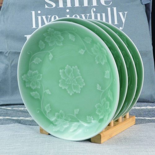 龙泉青瓷盘子 家用陶瓷菜盘7/8英寸4只缠枝牡丹浮雕深盘汤盘骨碟