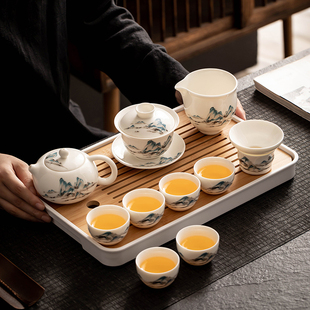 家用白瓷盖碗B办公会客喝茶陶瓷功夫茶壶茶杯 羊脂玉瓷茶具套装