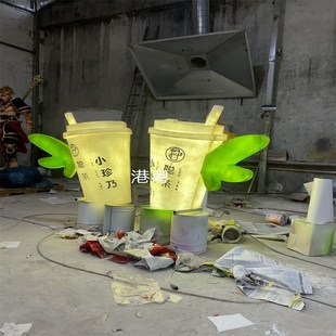 置饮料瓶造型雕塑门头灯箱 玻璃钢透光奶茶杯模型q新店开业形象装