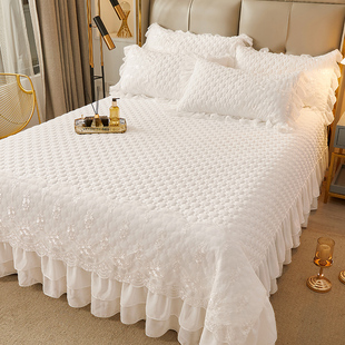 通用纯色公主风花边床盖单件白色公主风花边款 四季 夹棉绗缝三件套