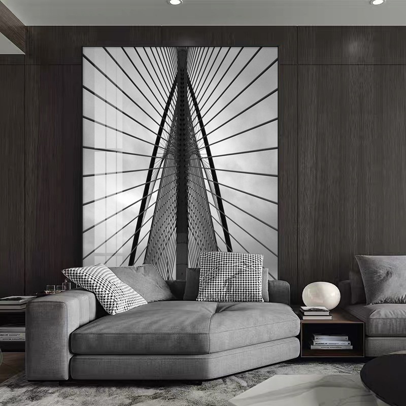 黑白抽象线条建筑客厅装饰画现代入户玄关意式极S简挂画几何晶瓷图片