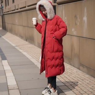 加厚中长款 过膝羽绒红色棉服女冬季 202I4新娘结婚回门本命新年棉