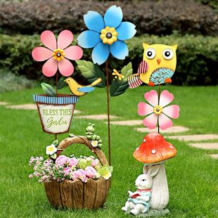 户外花园花插铁艺杂货庭院别墅阳台卡通花朵风车装饰造景布置插件