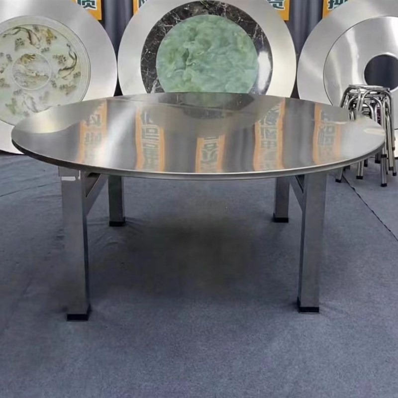 1.5米~2米特大特粗80方管桌腿不锈钢外置转盘连体圆桌折叠餐桌
