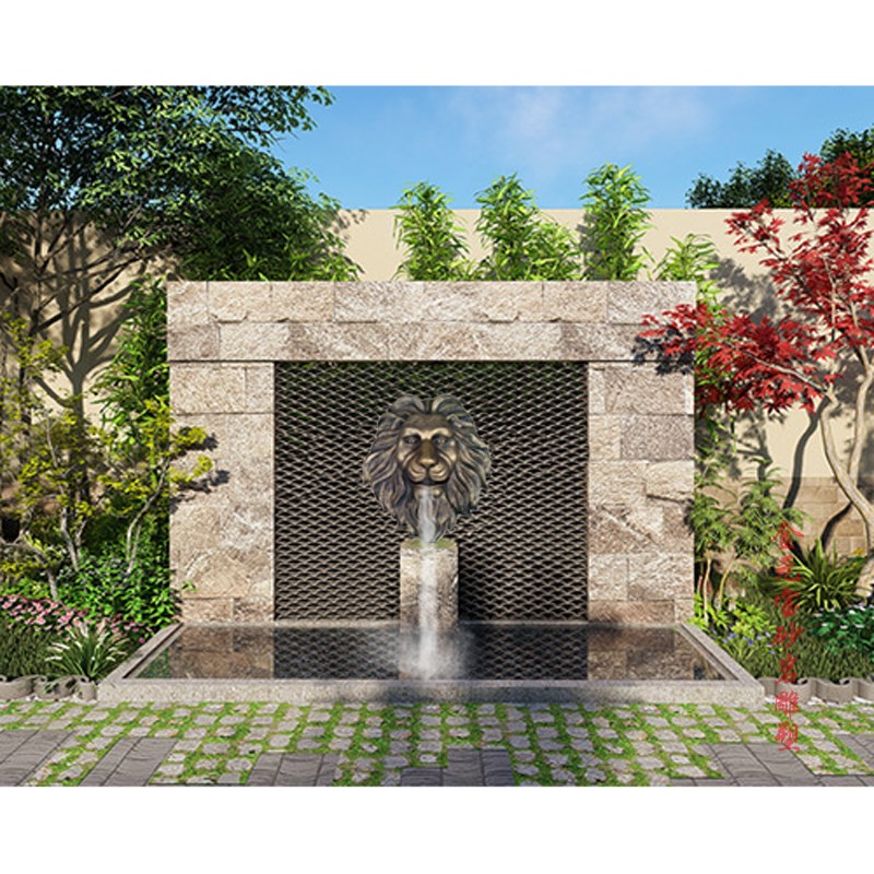 砂岩玻璃钢浮雕狮子头喷口喷泉水景园林庭院酒店背景墙装饰摆件