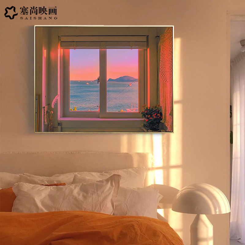 2021新款现代客厅沙发背景墙餐厅挂画窗户海景橙色横版装饰画