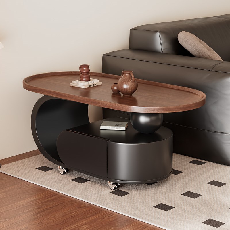 中古风客厅家用可移动小茶几沙发边几椭圆形实木小户型储物小推车