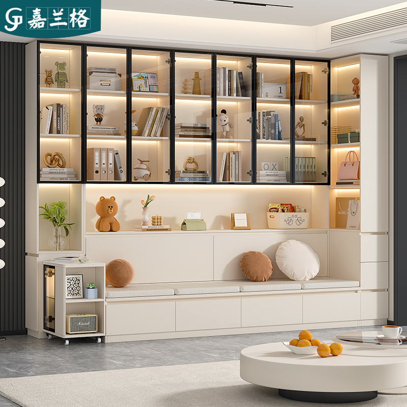 定制客厅卡座式书柜一体整墙到顶书柜带玻璃门落地书架展示收纳柜