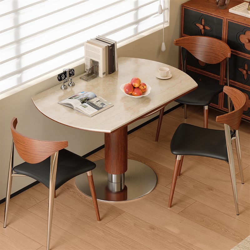 木小咖可伸缩实木岩板餐桌圆形中古客厅家用小户型折叠餐桌椅