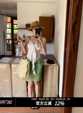 fortunee 2025夏季度假风波点扎染植绒绿色网纱褶皱半身裙包臀裙