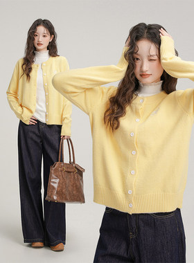 夏珍法式小香风针织黄色圆领外搭开衫女2026春季新款毛衣外套上衣
