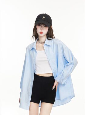 韩系ins风蓝色POLO领衬衫外套女2025夏季小个子宽松叠穿防晒外套