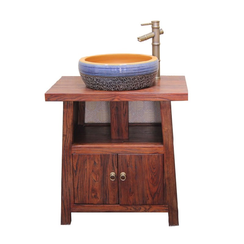 落地复古实木仿古小户型台上盆老榆木中式浴室柜洗脸柜洗漱台