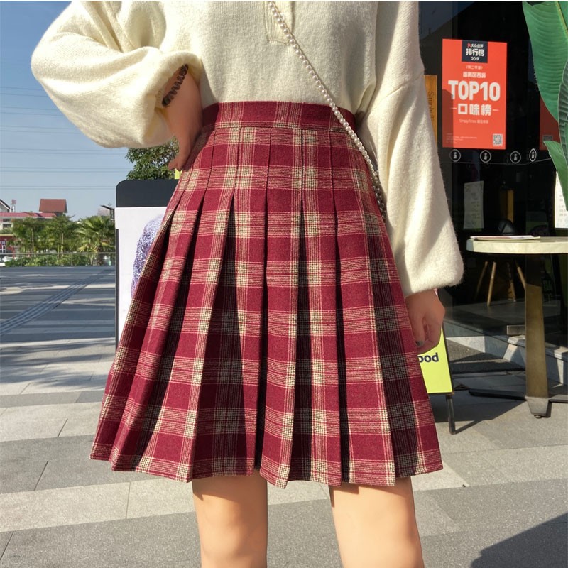 秋冬女配卫衣中裙胖MM高腰毛呢格子百褶裙学生防走光大码半身裙冬