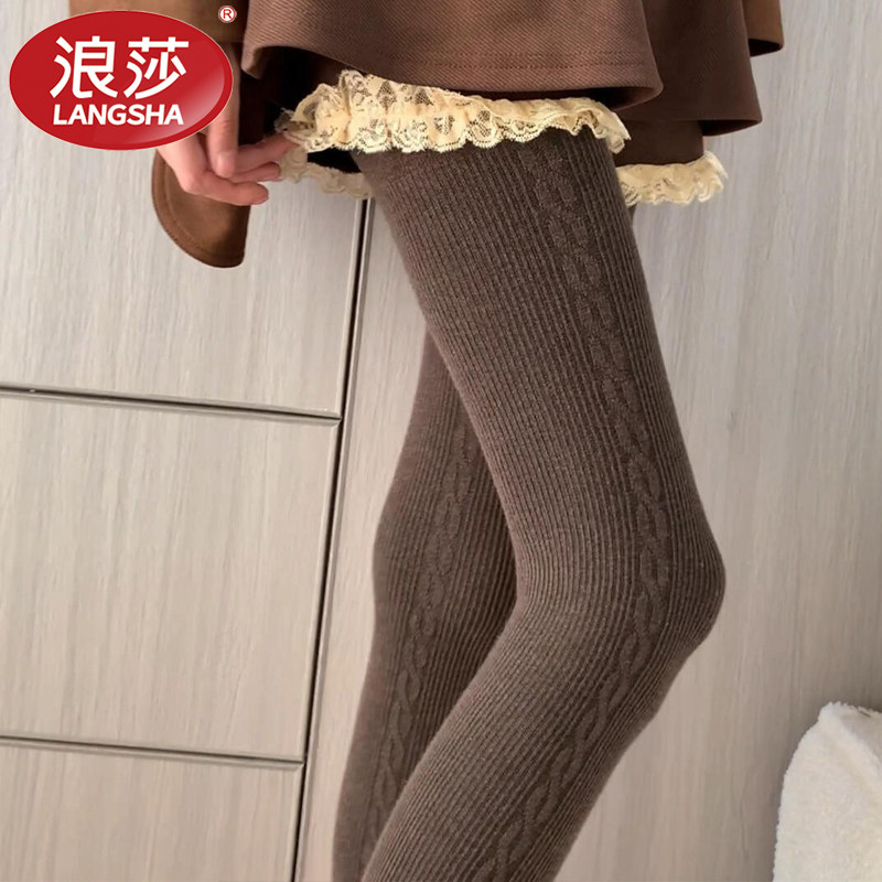 浪莎秋冬咖色连裤袜侧边麻花螺纹竖条打底裤日系显瘦保暖百搭长袜