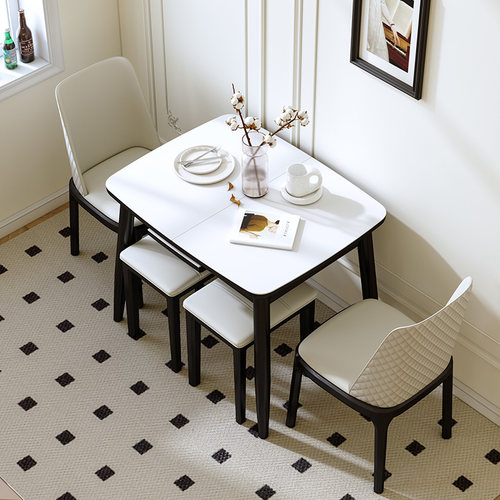 岩板餐桌可伸缩折叠小户型家用长方形中古奶油风实木多功能饭桌子