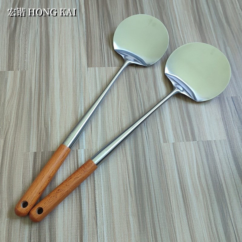 304不锈钢贵州木柄挂孔炒勺手工加厚炒铲扁形炒菜勺锅铲家用商用