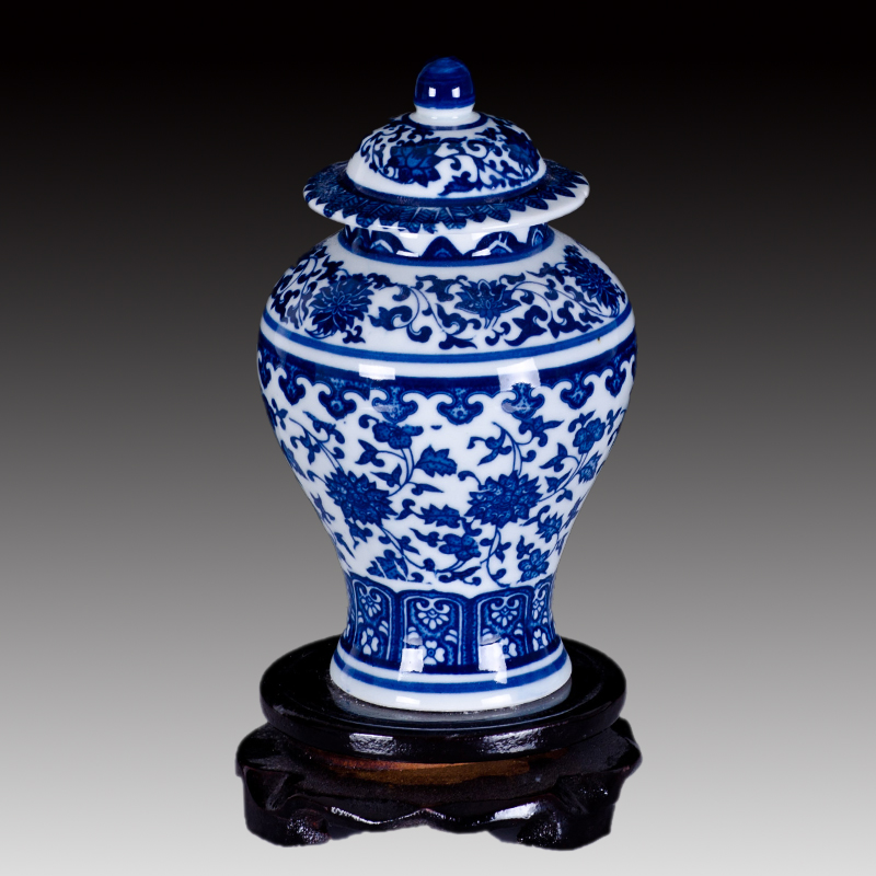 景德镇陶瓷器仿古青花瓷罐子摆件装饰将军罐中药罐坛子茶叶罐带盖