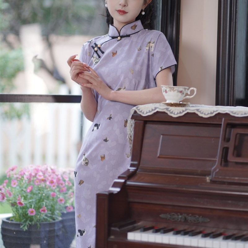 文艺清新少女改良旗袍2024春夏复古民国风年轻款少女紫色连衣裙