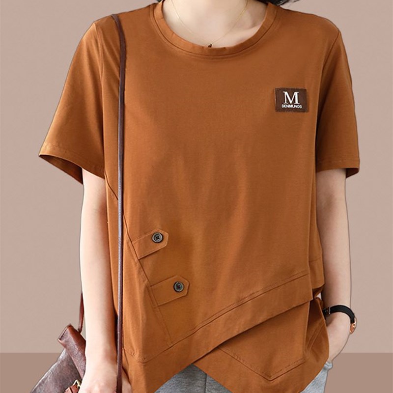 纯棉短袖t恤女夏季宽松遮肚子薄款洋气设计感中年妈妈装大码上衣