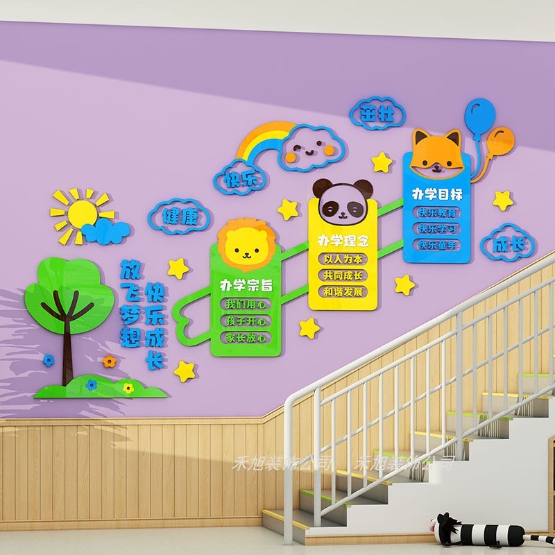 幼儿园环创主题墙成品办学宗旨文化墙托管班大厅楼梯墙面装饰卡通