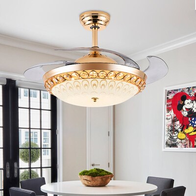 风扇灯金色水晶带灯吊扇灯隐形风扇吊灯大气餐厅客厅卧室电扇灯