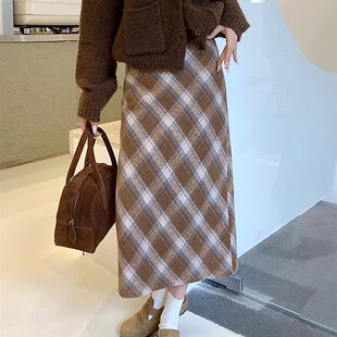 棕色毛呢格子半身裙女秋季新款胖妹妹mm高腰遮胯显瘦中长款a字裙