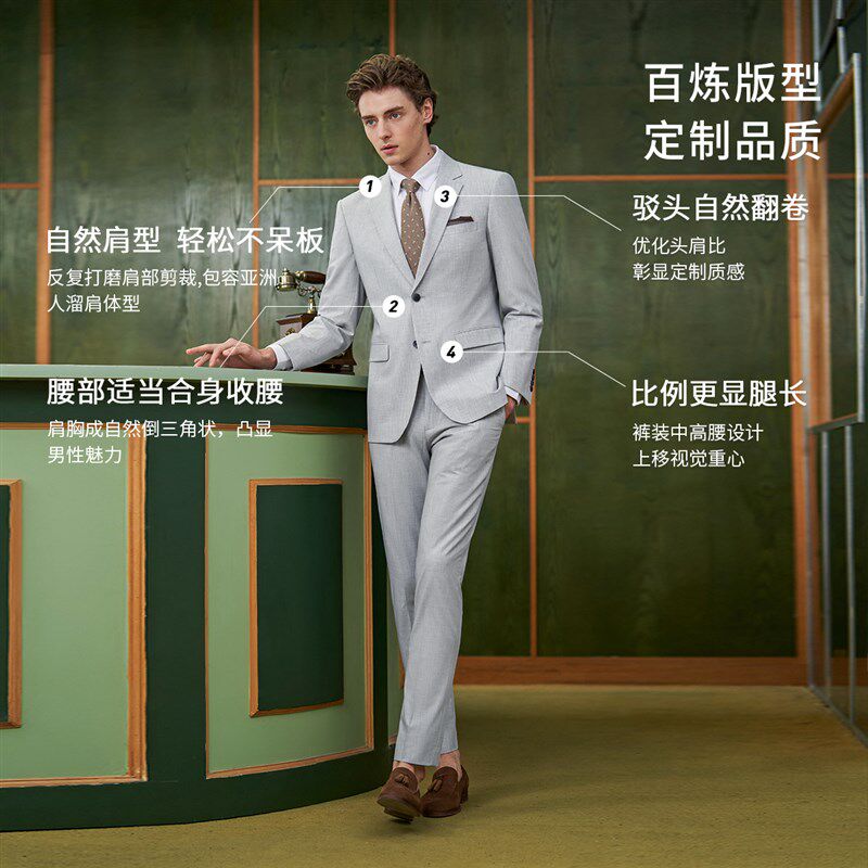 吉约蒙西服套装男浅灰色商务正装修身西装外套高级感新郎结婚礼服