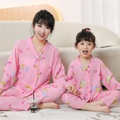 男女空调服儿童睡衣中大童套装 母女夏季 薄款 长袖 棉绸家居服亲子装