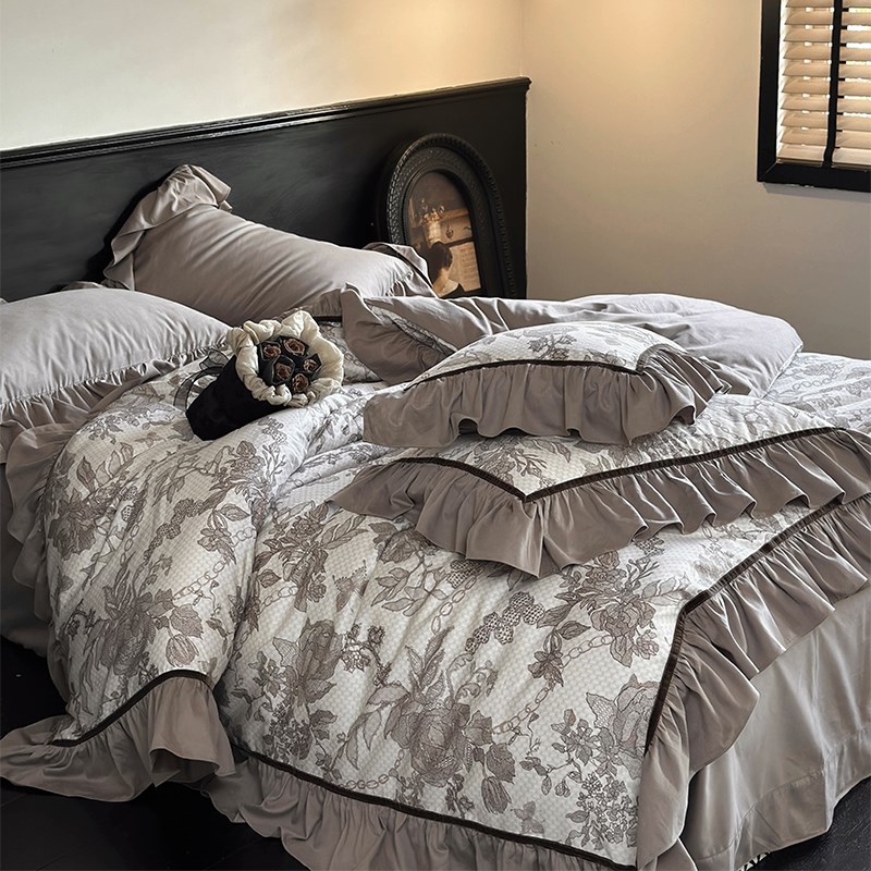 秋冬季全棉磨毛床单四件套法式复古加厚浪漫花边被套纯棉床上用品