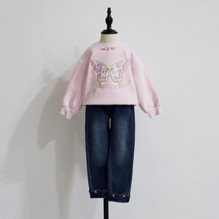 柔软弹力裤 110 长裤 修长显腿型春秋女童牛仔裤 脚翻边小花 170码