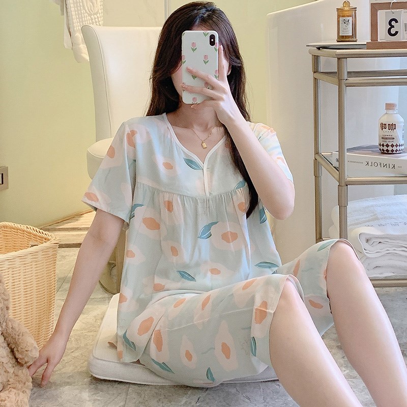 夏季短袖棉绸睡衣女薄款绵绸套装学生大码家居服日式外穿新款套头