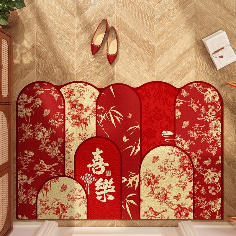 红色喜庆入户门地垫耐脏免洗丝圈家用防滑玄关进门口脚垫子可裁剪