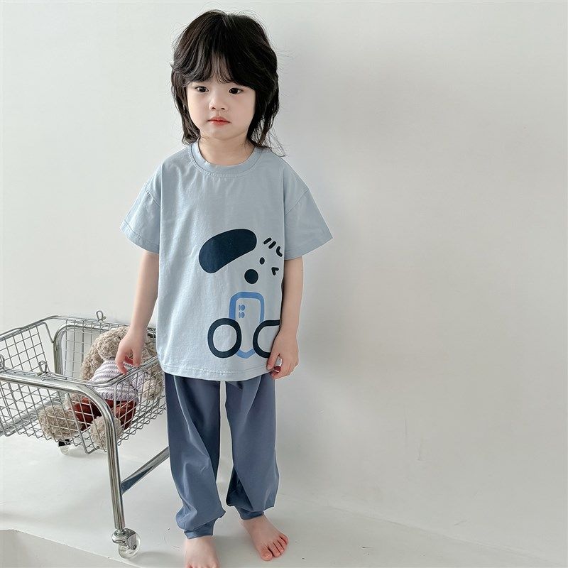 儿童家居服夏季薄款A类纯棉男童女孩短袖长裤睡衣宝宝空调服套装