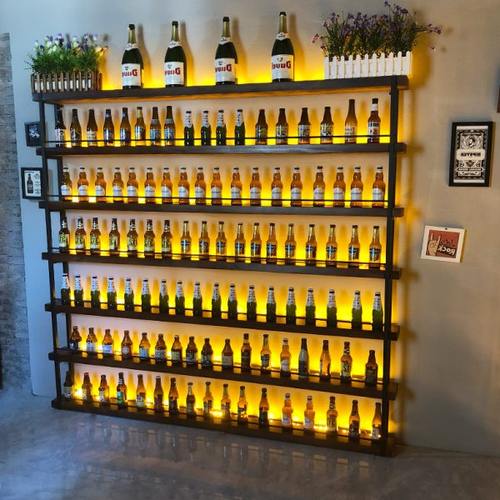 酒吧餐厅铁艺隔断酒架装饰吧台壁挂实木发光红酒啤酒柜置物展示架