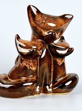 现代新中式陶瓷小礼品客厅装饰品磁州窑花釉小动物摆件三只狐狸