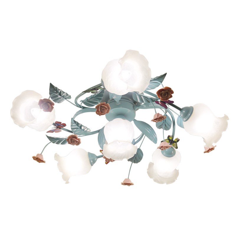 蓝色地中海女孩房吸顶灯浪漫田园儿童卧室灯具精致铁艺玫瑰花灯饰