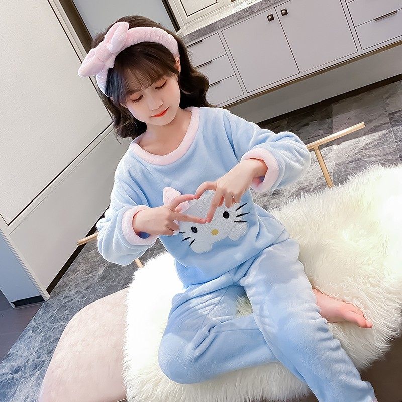 女童睡衣套装冬季法兰绒保暖舒适珊瑚绒家居服儿童秋冬可爱亲子装