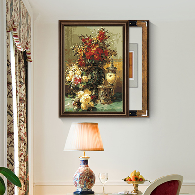 美式电表箱装饰画竖版可推拉配电箱遮挡电闸箱开关盒挂画欧式花卉